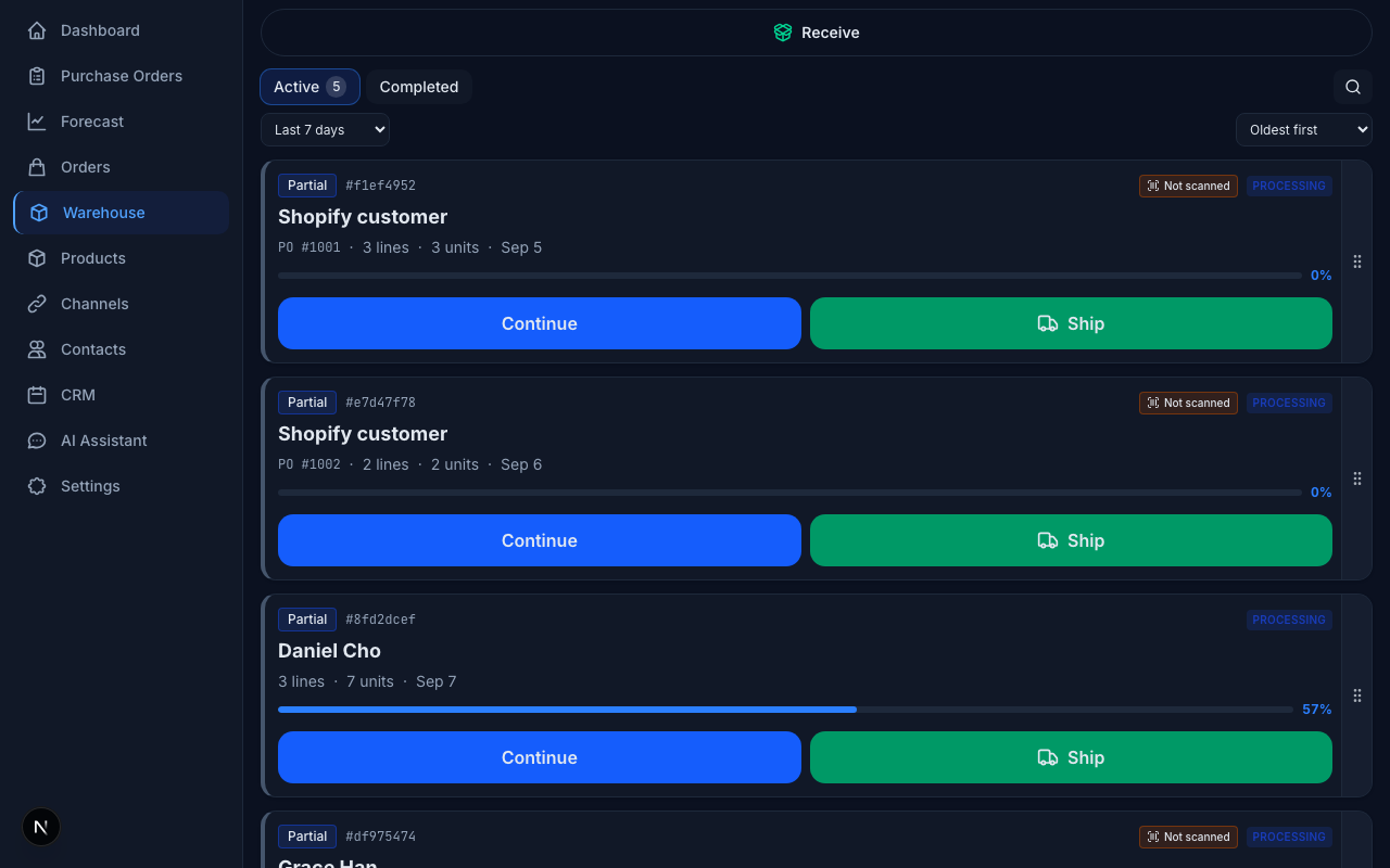The warehouse pick queue: an Active tab counting five orders, with cards showing each order's customer, line and unit counts, picking progress, and Continue and Ship actions